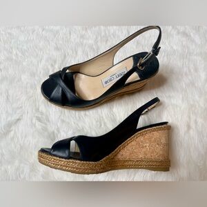 Vintage Jimmy Choo Wedge Sandals Black Leather Cork Espadrille Size 38.5